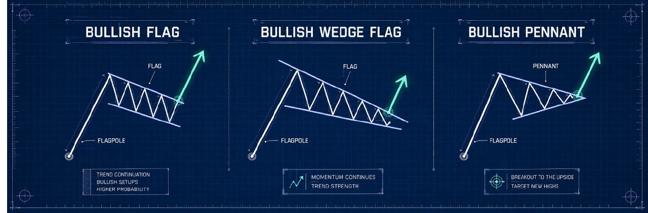 Bullish flag, bullish wedge flag, and bullish pennant definitions